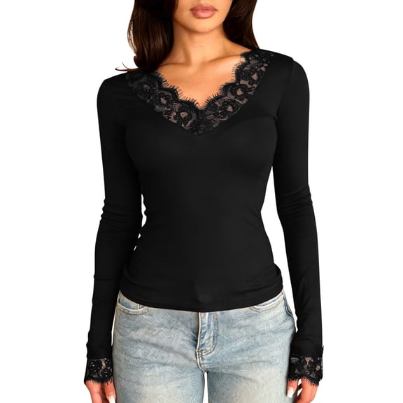 Fmbrln Women's Lace Trim V Neck Long Sleeve Tops Slim Fit Solid Fashion Daily T Shirt