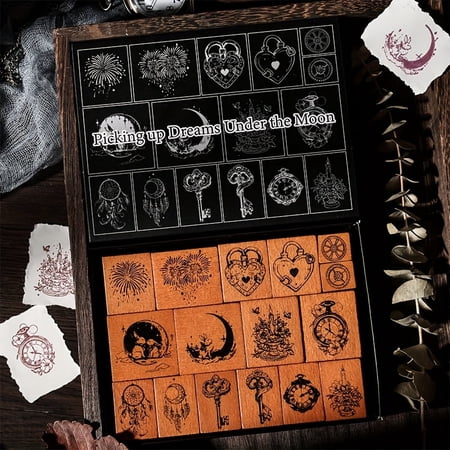 WatDenyFine Vintage Fairy Tale Wood Stamp Set, 16 Decorative Rubber Stamps with Enchanting Moon, Fireworks, and Key Designs, Perfect for DIY Crafting, Scrapbooking, and Card Making