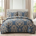 thumbnail image 2 of Hong and Arts Inc. Printed Ultra Soft Rayon from Bamboo All Season Duvet Cover Set with Corner Tie and Hidden Zipper, Gold Damask Navy Blue Navy Blue,, 2 of 5