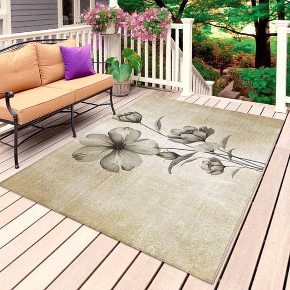 Yellow Beige Flower Outdoor Rug for Patio/Deck/Porch, Non-Slip Large Area Rug 5 x 7 Ft, Farmhouse Shabby Chic Wildflower Indoor Outdoor Rugs Washable Area Rugs, Reversible Camping Rug Carpet Runner