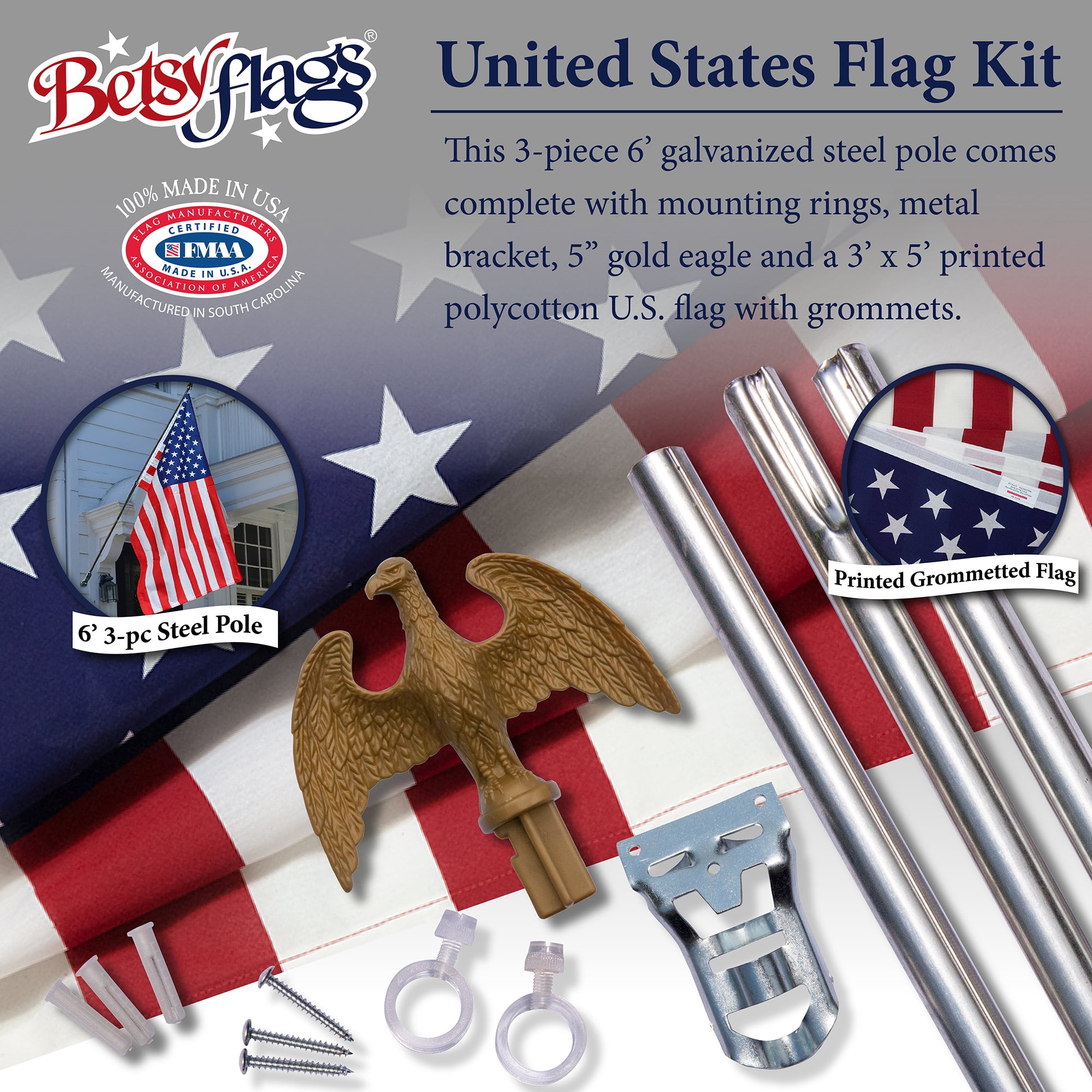6ft Steel Betsy Flags American Flag Kit, Printed Polycotton US Flag and Mounting Hardware