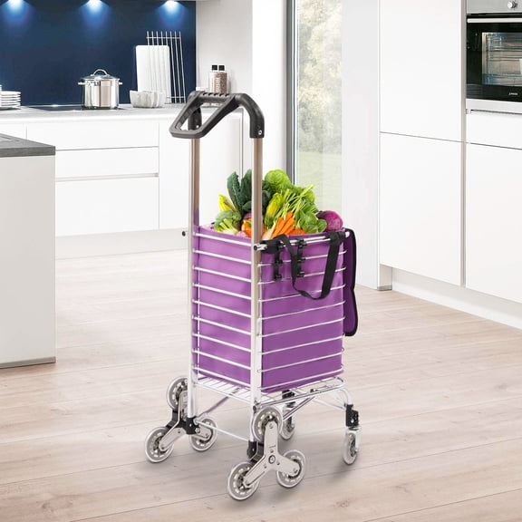 Portable Folding Shopping Cart, 35L Large Capacity Jumbo Basket Grocery Laundry Travel Stair Climbing Cart with Swivel Wheels Silver Purple