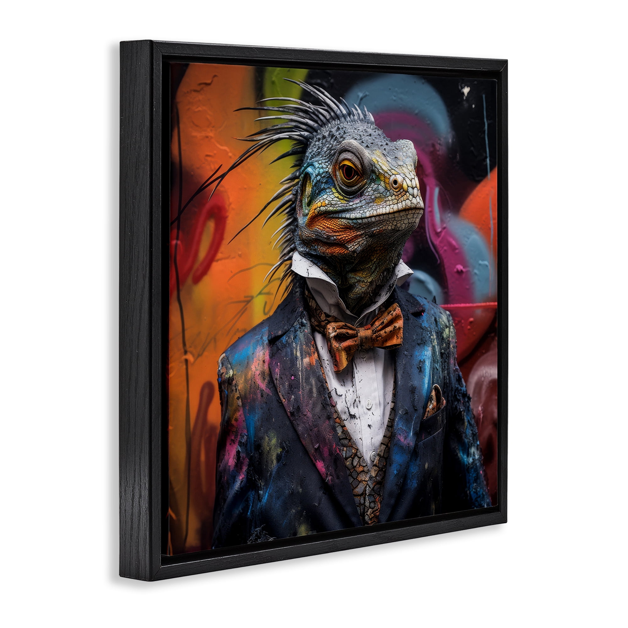 Stupell Industries Urban Graffiti Iguana Animals & Insects Painting Black Floater Framed Canvas Art Print Wall Art, 18 x 18