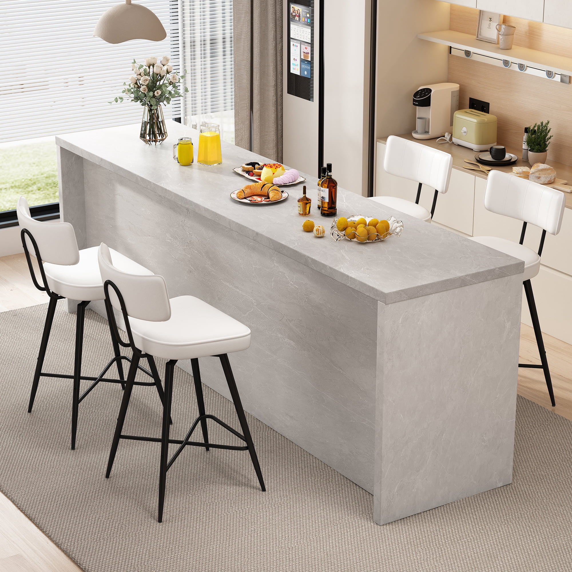 Ninecer Bar Stools Set of 2, Kitchen Counter stools with Backs and Metal Legs, 26" White Leather Swivel Barstools for Counter Height