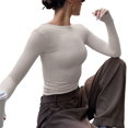 thumbnail image 3 of Womens Crewneck Long Sleeve Shirt Double Lined Basic Tees Side Ruched Going Out Crop Tops Gray L, 3 of 9