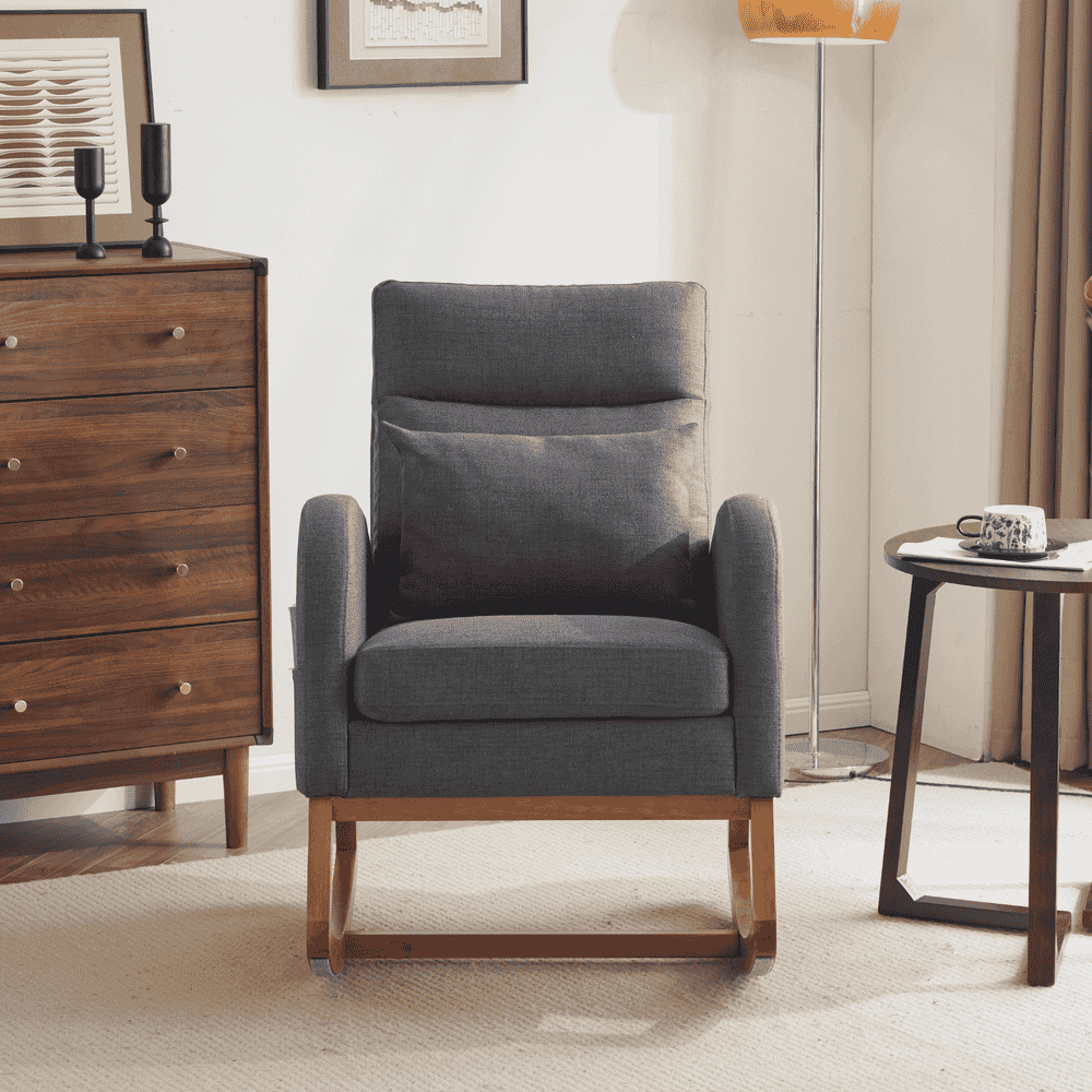 GVN Bedroom Rocking Chair Rocking Chairs & Gliders,Grey Linen Rocking Chair Nursery With Thick Headrest, Modern Nursing Rocker Glider With Curved Armrest