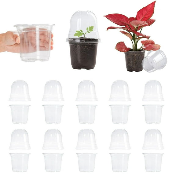 EZPXFCI 10 Pc Clear Nursery Pots with Humidity Domes, 3.8'' Durable Transparent Plastic Plant Pot with Drainage Holes and Saucers, Seed Starter Pots with 10 Pcs Plant Labels