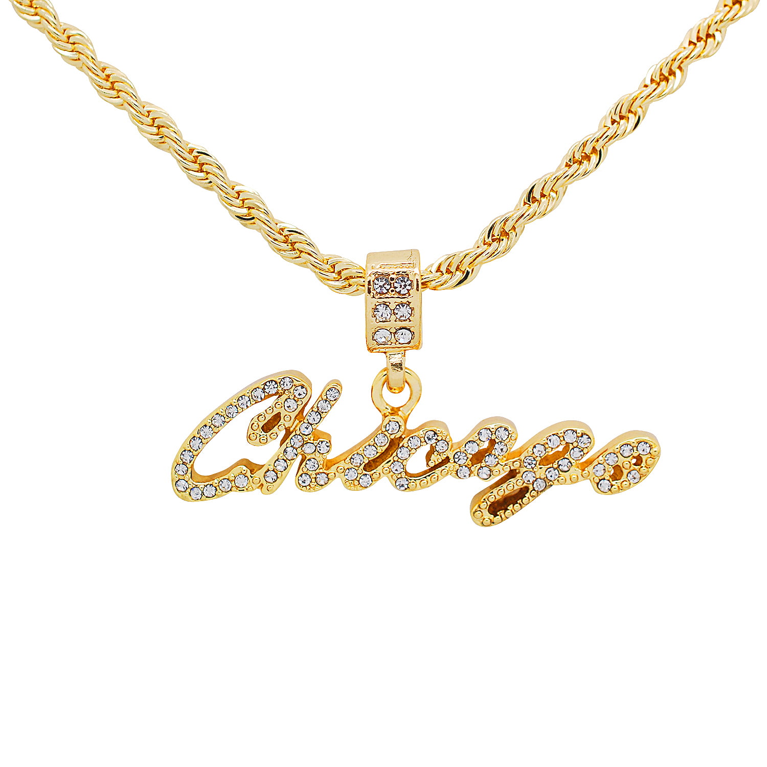 Yellow Gold-Tone Hip Hop Bling CursiveChicago Letter Pendant with 16 Tennis Chain and 24 Rope Chain 