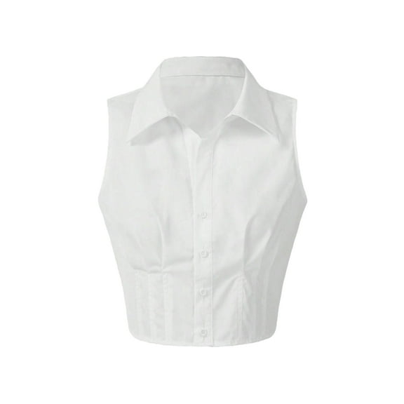 Casual Plain Shirt Collar White Sleeveless Women's Blouses L (8/10)