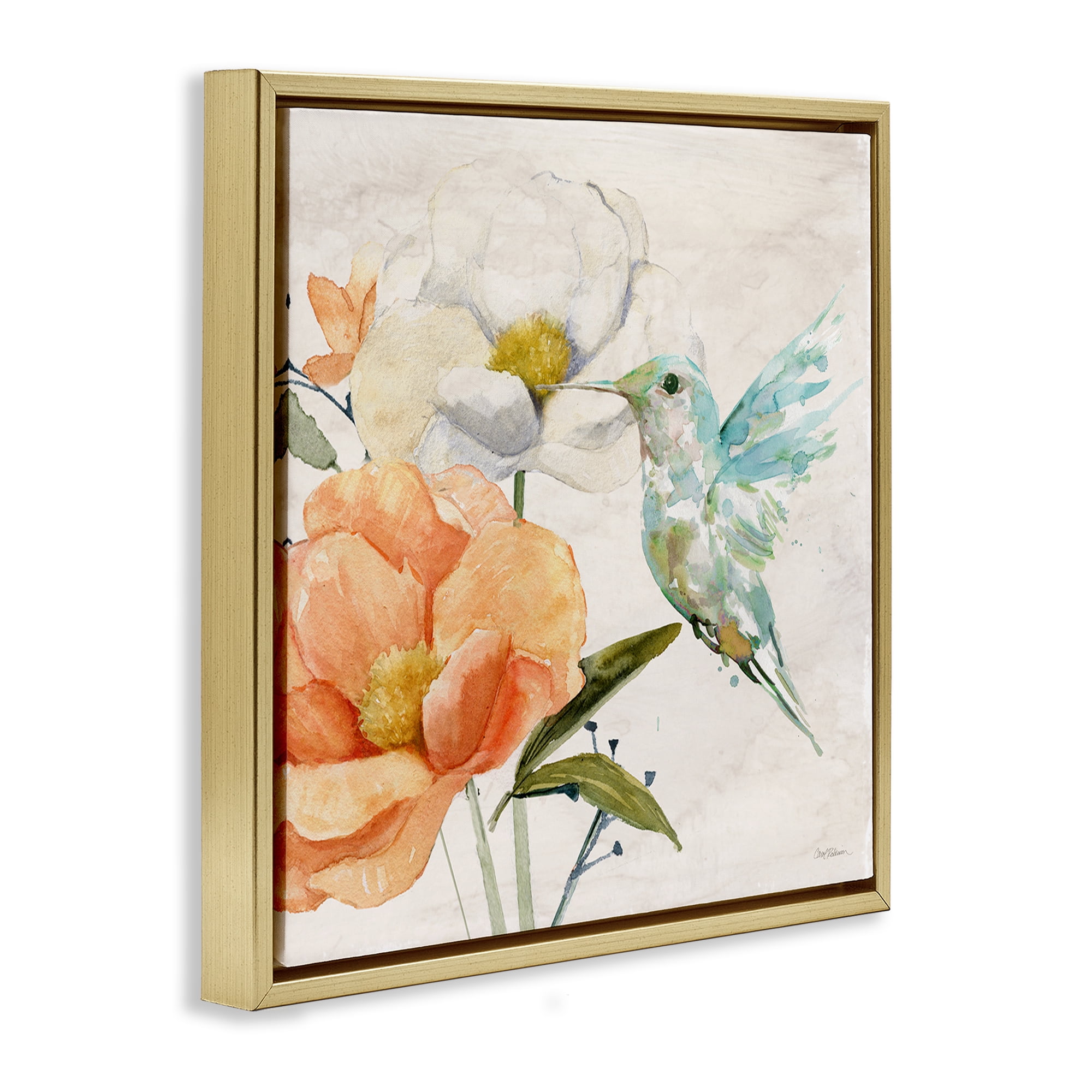 Stupell Industries Hummingbird & Flower Nectar Plants & Flowers Painting Gold Floater Framed Canvas Art Print Wall Art, 18 x 18