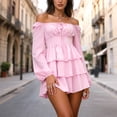 thumbnail image 5 of COMVALUE Women's Dress Off Shoulder Layered Ruffle Long Sleeve Mini Dress Summer Slim Fit A-line Party Club Dresses for Women 2026 (M, Pink), 5 of 9