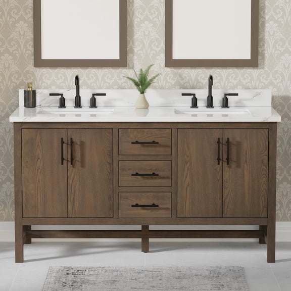 Solon 60" Double Bathroom Vanity, 61" W x 22" D x 34.5" H, Calacatta Sintered Stone Top with Sink & Backsplash, Dark Brown, Solid Wood, Pre-Assembled, 4 Doors, 3 Drawers, Adjustable Feet.