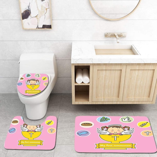 ABPHQTO Bautismo Primera Comunión Niña Feliz Niño Sonriente Oración Cree Arte Celestial Juego de alfombras de baño de 3 piezas Alfombra de baño Alfombra de contorno y tapa de inodoro