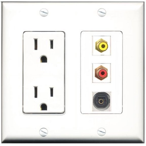 RiteAV - 15 Amp Power Outlet 1 Port RCA Red 1 Port RCA Yellow 1 Port Toslink Decorative Wall Plate