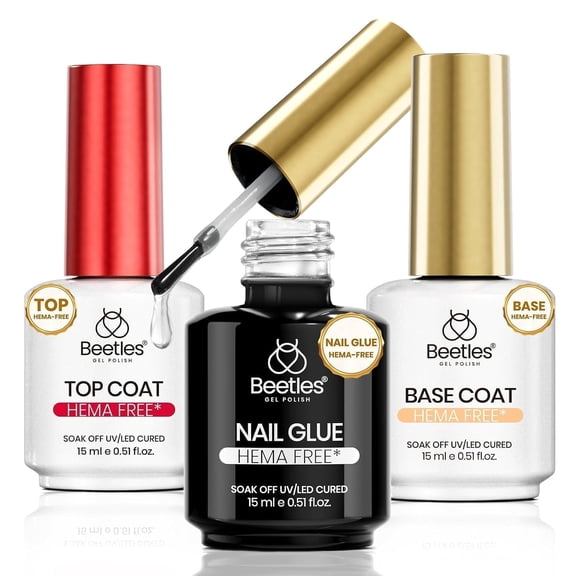 Beetles Gel Glue, Base and Top Coat Set, 3 Pcs, 15ml, Hema-Free Tpo-Free UV Formula