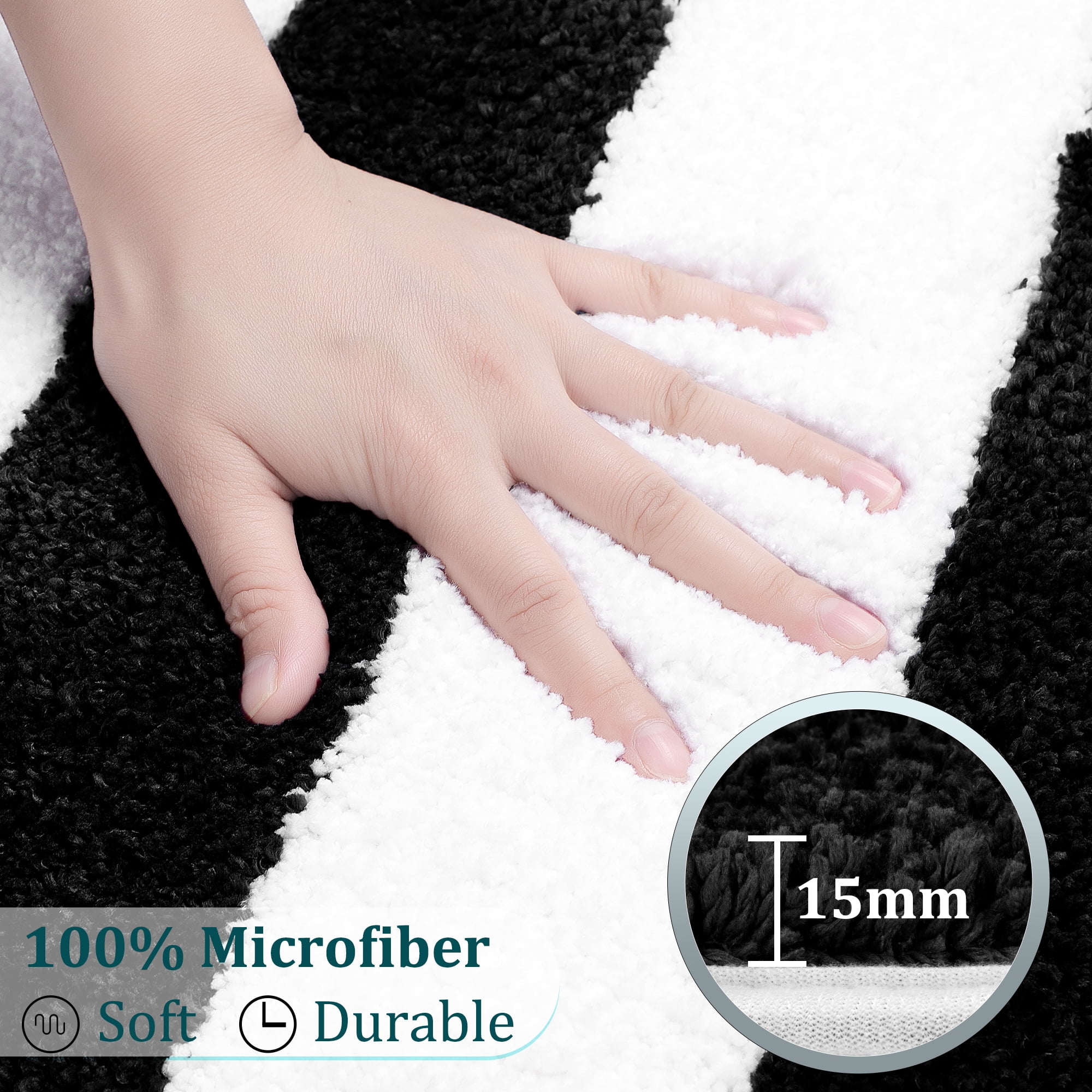 Unique Bargains Non Slip Microfiber Striped Bathroom Rugs Black&White 17"x24"