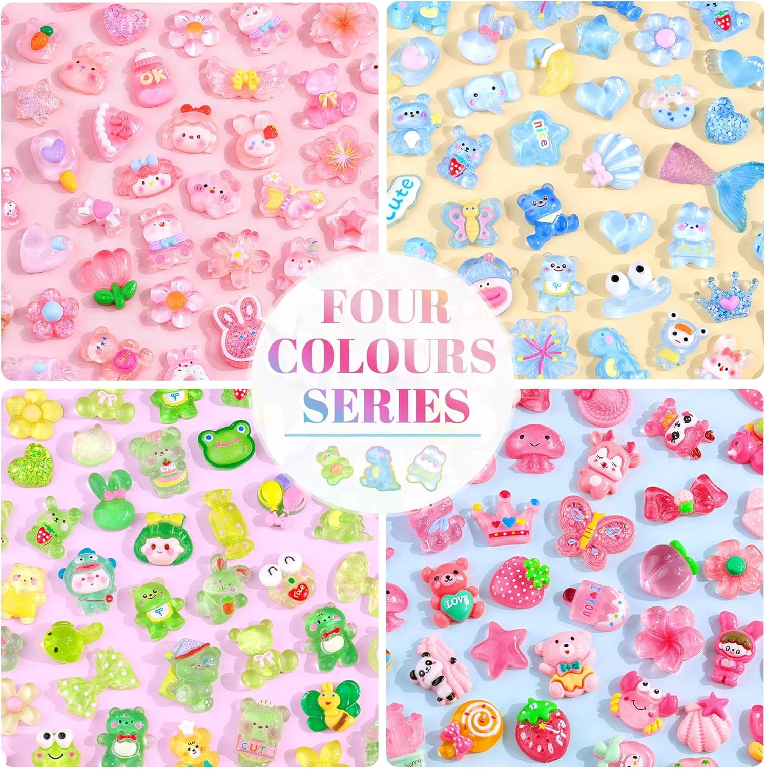 100Pcs 4 Mixed Colors Slime Charms Assorted Cute Jelly Embellishments, Random Bulk Flatback Resin Ornament Bear Star Kawaii Slime Accessories for Phone Junk Case, Scrapbooking Crafting & DIY Decor