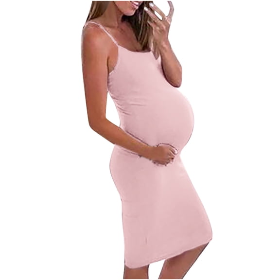gakvbuo Maternity Dress For Women Plus Size Summer Baby Shower Pregnancy Dresses For Photoshoot Maternity Clothing Sleeveless Round Neck Medium Long With Suspender Solid Color Dress
