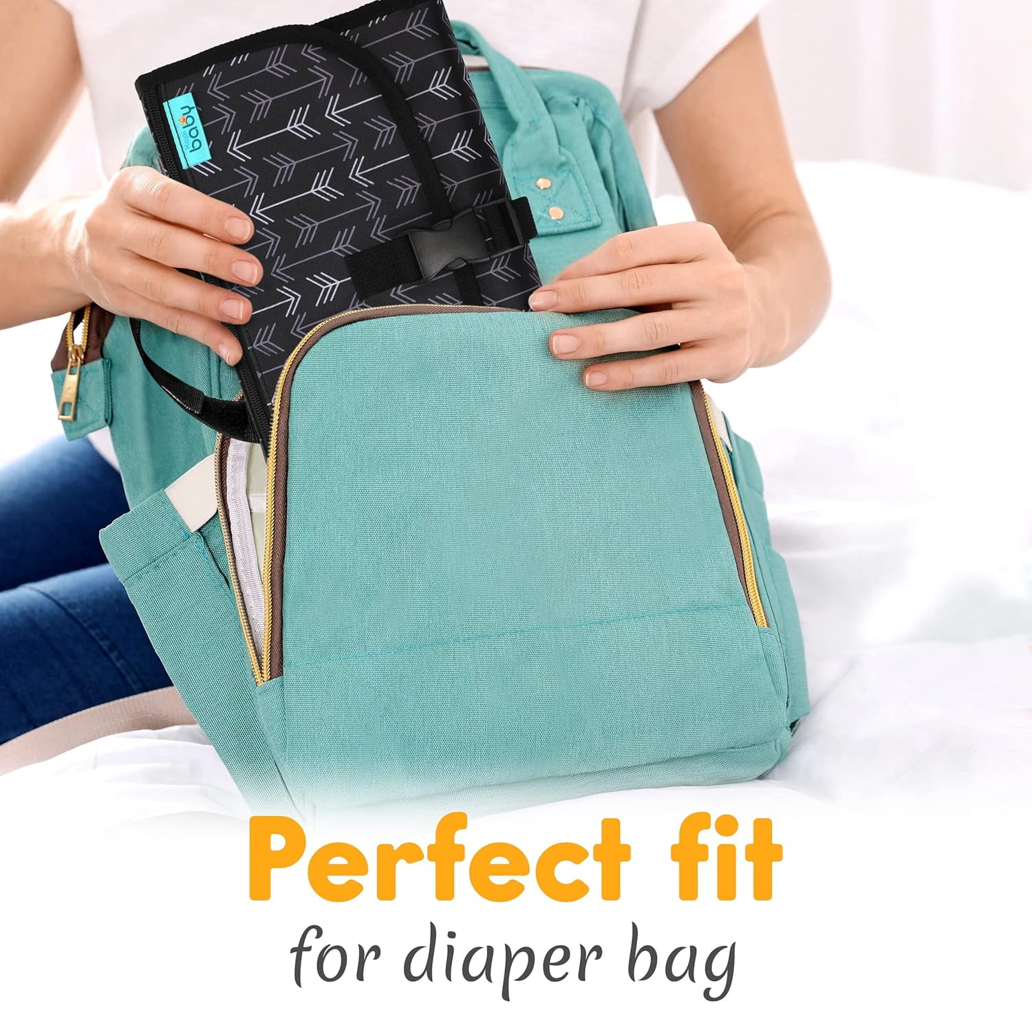 Kopi Baby Portable Diaper Changing Pad Travel Bag with Built-In Pillow, Reversible Wipes Pocket, Foldable Changing Mat, Black Arrow, Premium
