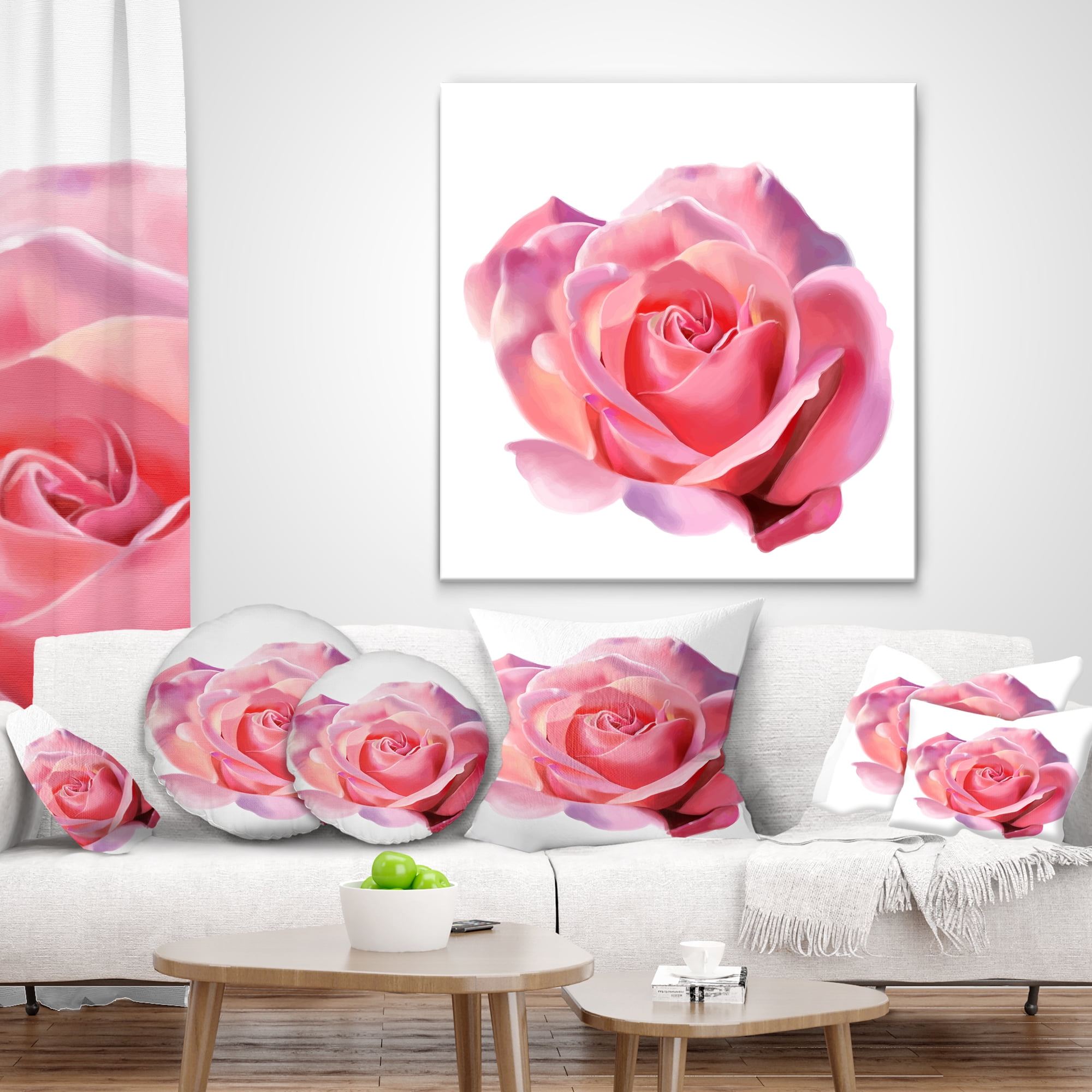 Designart Pink Rose Sketch on White Background - Flowers Throw Pillowwork - 16x16