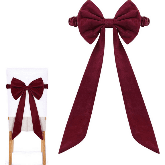 Burgundy Chair Sashes Christmas Red Chair Bows for Chairs 11.8” x 29.5“ Elastic Burgundy Velvet Sashes Chairs Bows for Christmas Banquet Home Wedding Events Holiday Event Decor