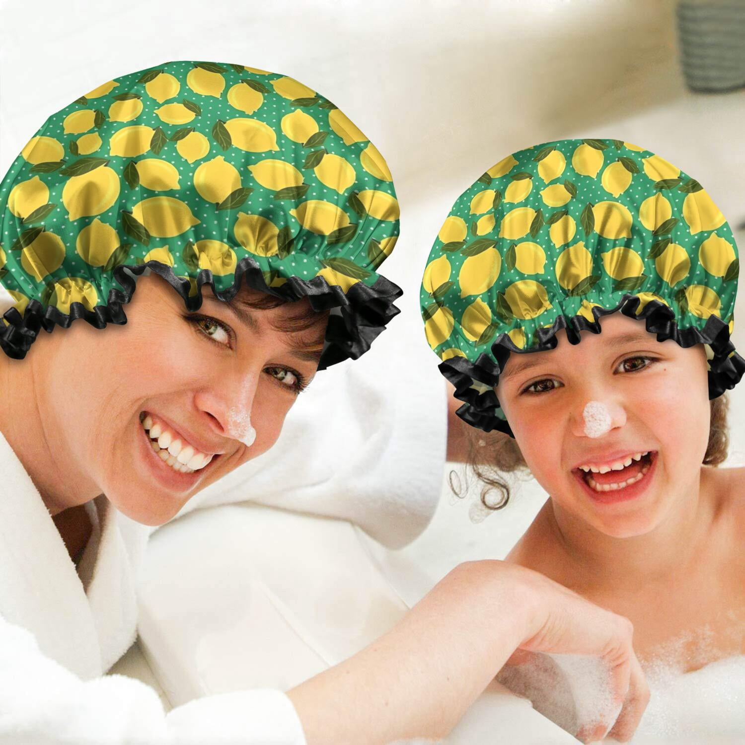 Shower Caps,Yellow Lemon Fruit Dots Green Pattern Waterproof Shower Cap for Women 4 Pieces,Double Reusable Hair Cover for Shower PEVA Elastic Stretch Hem