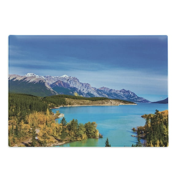 Landscape Cutting Board, Rocky Mountains Canada Crystal Clear Abraham Lake Picturesque Nature Views Scene, Decorative Tempered Glass Cutting and Serving Board, in 3 Sizes, by Ambesonne