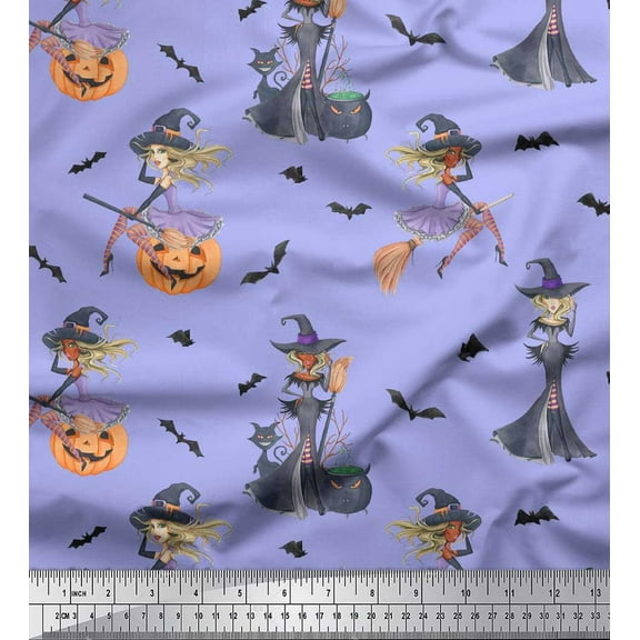Soimoi Cotton Duck Fabric Magic Potion,Bat & Witch Halloween Printed Fabric 1 Yard 42 Inch Wide