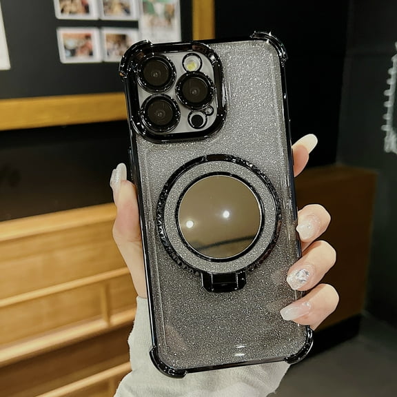 Magnetic Clear Case with Removable Glitter Card, Luxury Ring Stand Case for iPhone 11 Pro Max, Transparent TPU Plating [Compatible with MagSafe] [Built in Makeup Mirror], for Girls Women, Black
