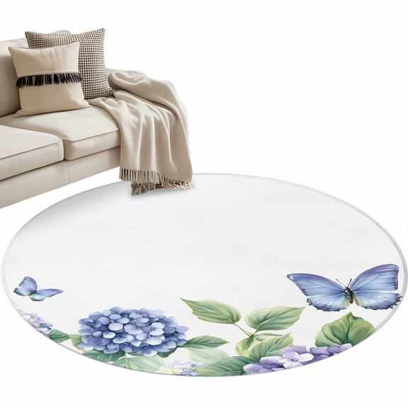 Flower Butterfly Round Area Rug 4 FT, Non Slip Indoor Outdoor Rug, Blue Purple Watercolor Wilflower Washable Soft Circular Carpet Non-Shedding Floor Mat for Coffee Table Nursery Foyer Balcony