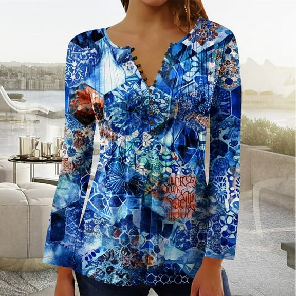 YOTAMI Floral Print Tops for Women Long Sleeve Button V-Neck Ruffled Plus Size Clothes for Daily Breathable Clothes Multicolor L