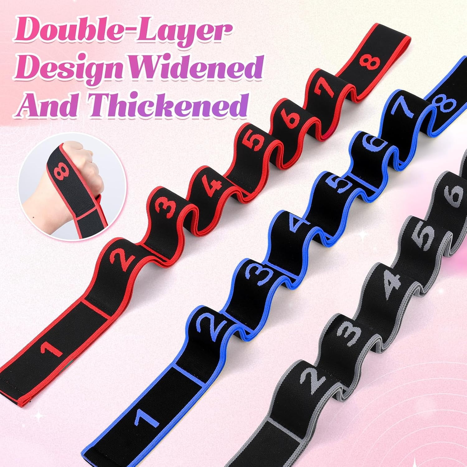 JJEAN-Fitness Resistance Bands with Handles, Adjustable Stretching & Yoga Band for Full Body, 8-Section Elastic Training Band with Clear Marking for Yoga, Stretching, Pilates