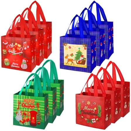 sixwipe 12Pcs Christmas Tote Bags with Handles Bulk, 8.6"x9"x4.3", Reusable Non-Woven Tote Bags Grocery Bags bulk for Wrapping Xmas Party & Supplies