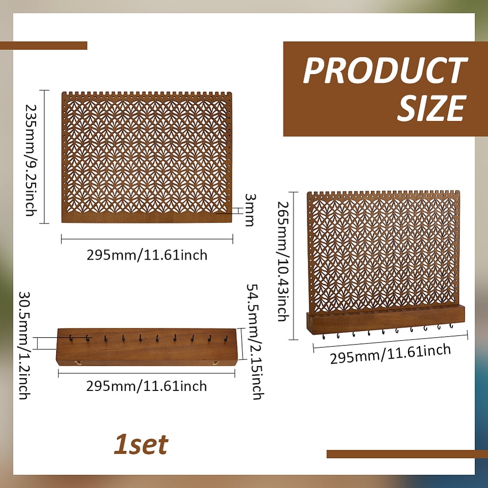 Wood Wall-Mounted Jewelry Hanging Racks for Earrings Bracelets Necklaces Organizer Holder with Hanger Hooks Saddle Brown Finished Product: 29.5x26.5x5.45cm