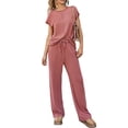 thumbnail image 2 of Conjunto Informal de Dos Piezas de Punto Acanalado para Mujer, Camiseta de Corta y Pantalón , Ideal para el Hogar y para Viajes Rojo XL, 2 of 7