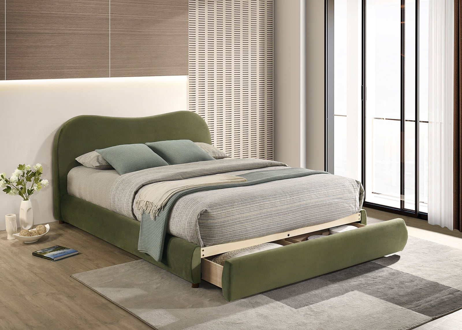 Bed Frame Olive Green Velvet Upholstered 1pc Queen Size Bed Curved Design Headboard Storage FB Bedroom Furniture Bedframe