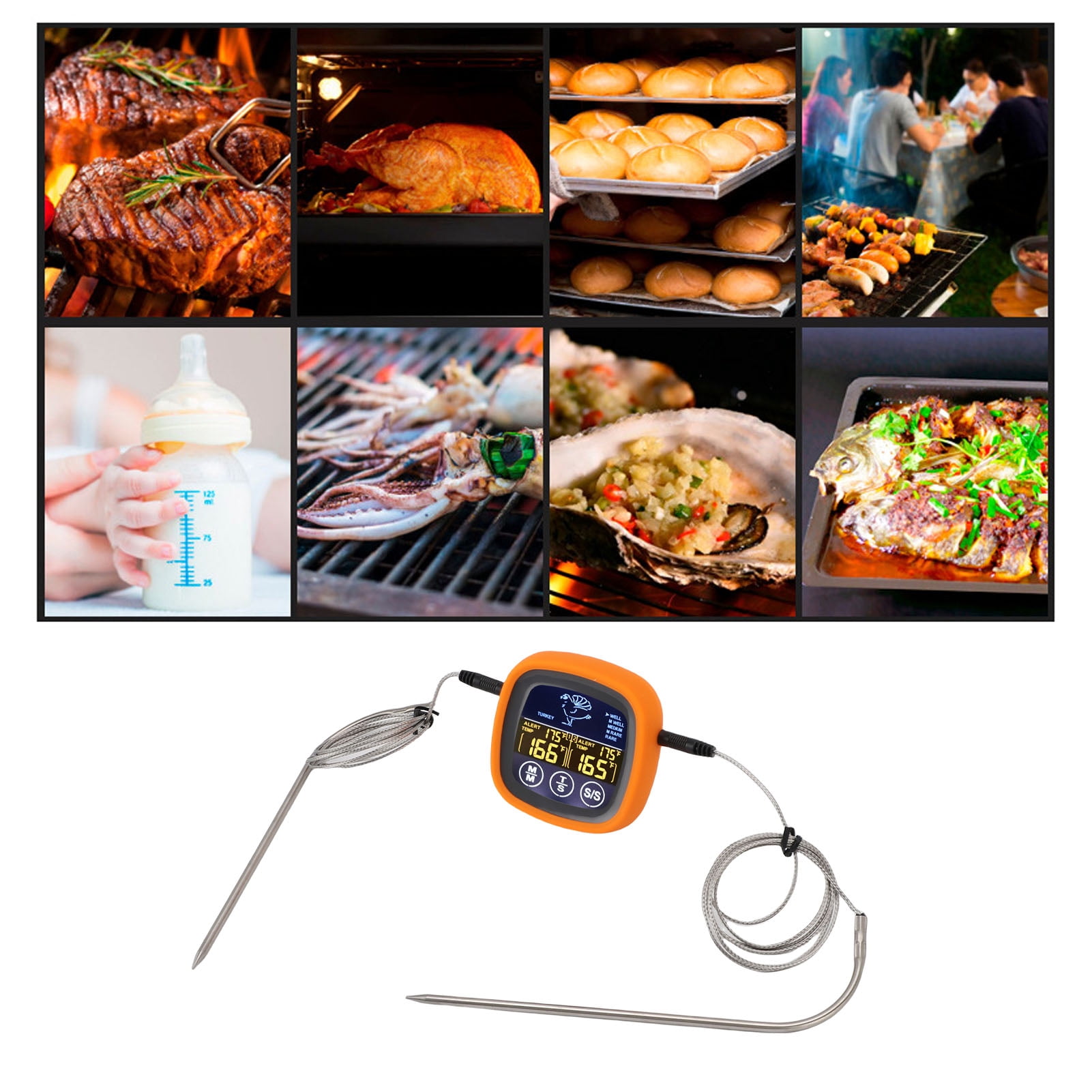 NFTIGB Meat Thermometer Touchscreen 2 Probes Digital Grill Thermometer with Timer for BBQ Beef Turkey Kitchen Cooking, 3.1 inches / 7.9 cm