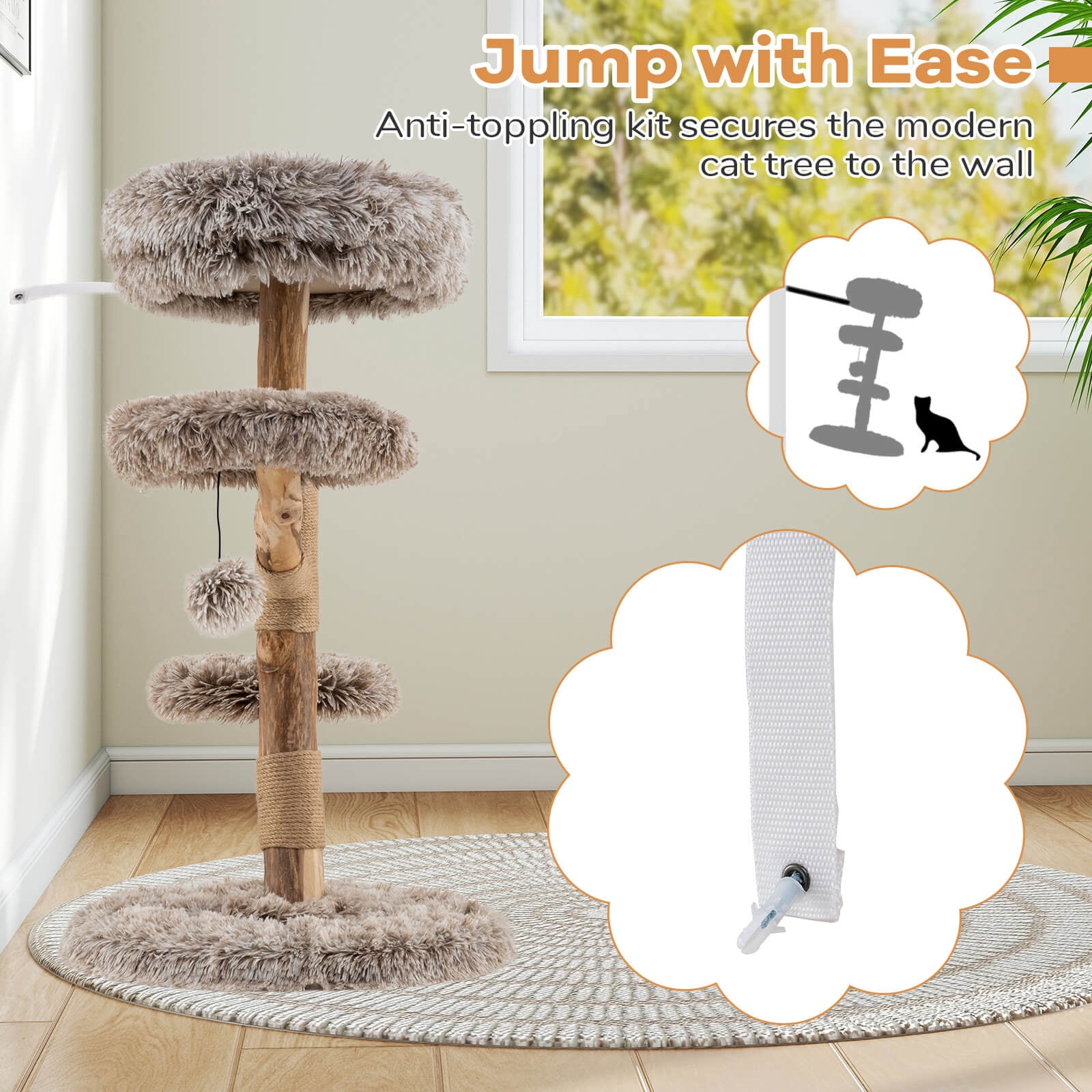 Costway Modern Cat Tree with Pear Wood Trunks Scratching Posts Soft Long Plush Fabric