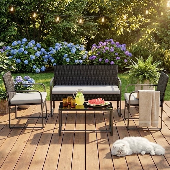 4-Piece Patio Furniture Set, Lofka PE Rattan Outdoor Furniture with Tempered Glass Table for Balcony, Porch, Poolside,Gray
