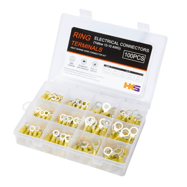 Terminales de anillo termorretráctil HKS, 100 unidades, amarillos, 12-10 AWG