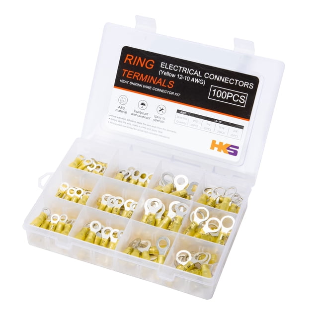 Terminales de anillo termorretráctil HKS, 100 unidades, amarillos, 12-10 AWG