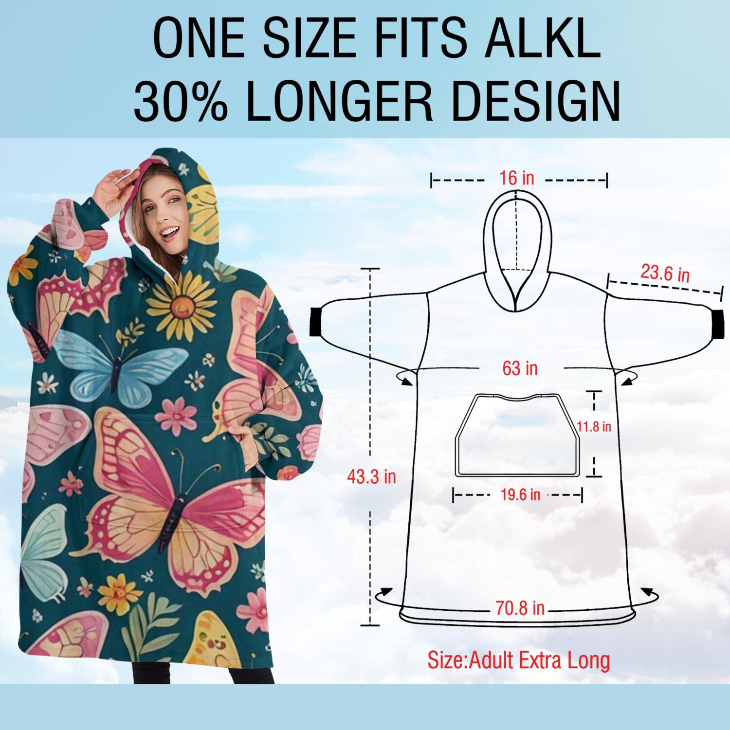 Oversized Wearable Blanket Hoodie,Pink Butterfly Rose Daisy Green Pattern Sherpa Blanket Hoodie with Super Pockets,Super Warm Fuzzy Pullover for Women & Men