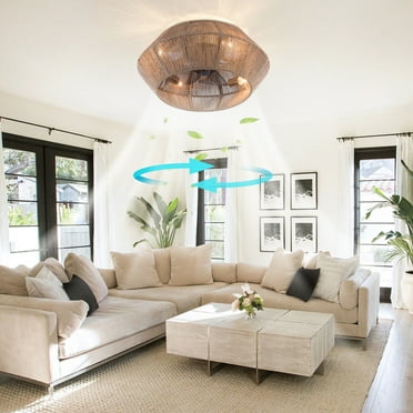 Flush Mount Boho Ceiling Fan Rattan Caged Fan Light  Remote Control Ceiling Fan