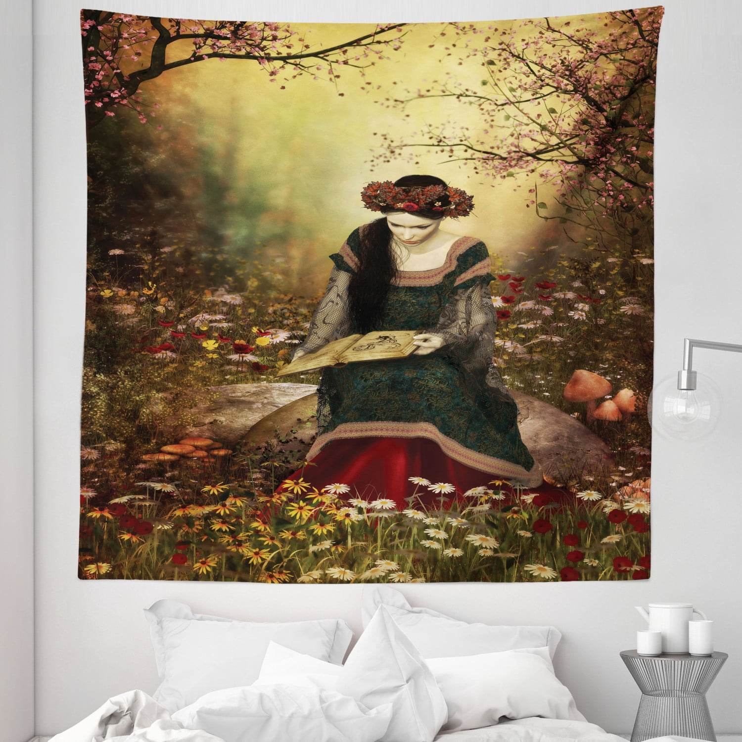 Medieval Decor Wall Hanging Tapestry, Lady Sitting on A Stone and