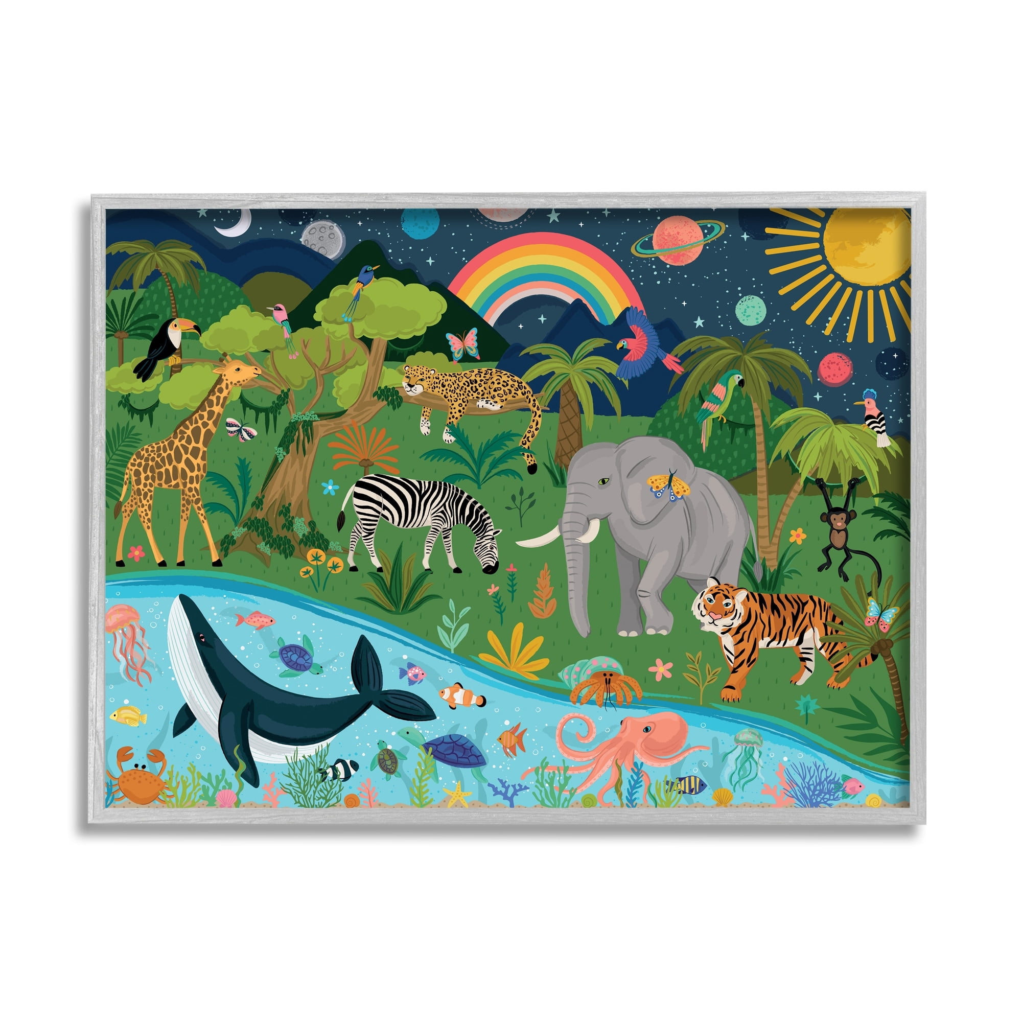 Stupell Industries Jungle Animals Sea Creatures Under Night Sky Planets Framed Wall Art, 14 x 11, Design by Lisa Perry Whitebutton