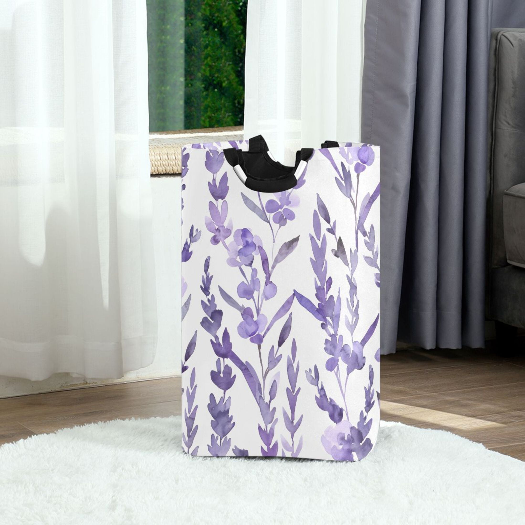 Lavender Watercolor Laundry Basket with Handles Foldable Laundry Hamper Freestanding Washing Bin 50L
