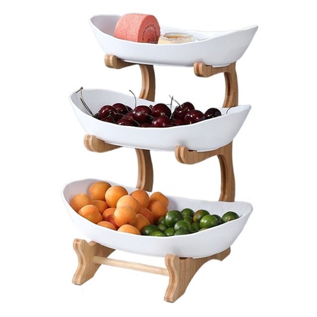 Cesta plástica del frutero for la encimera de la cocina, tenedor de fruta con el soporte de bambú