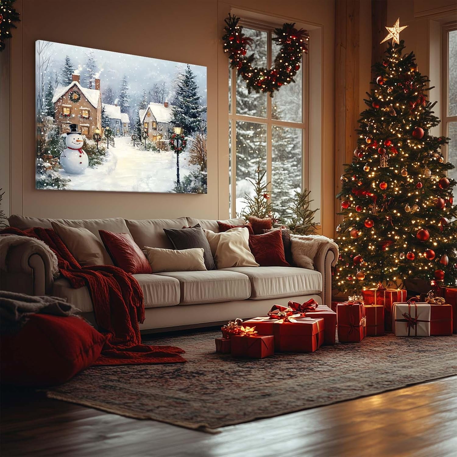 Christmas Canvas Wall Art Decor with Chimneys, Smoke, Street Lamps with Wreaths, Snowmen and Snow Piles, Festive Canvas Print for Room, Holiday-Themed Fixed Canvas for Winter Home Décor,11x14 inch