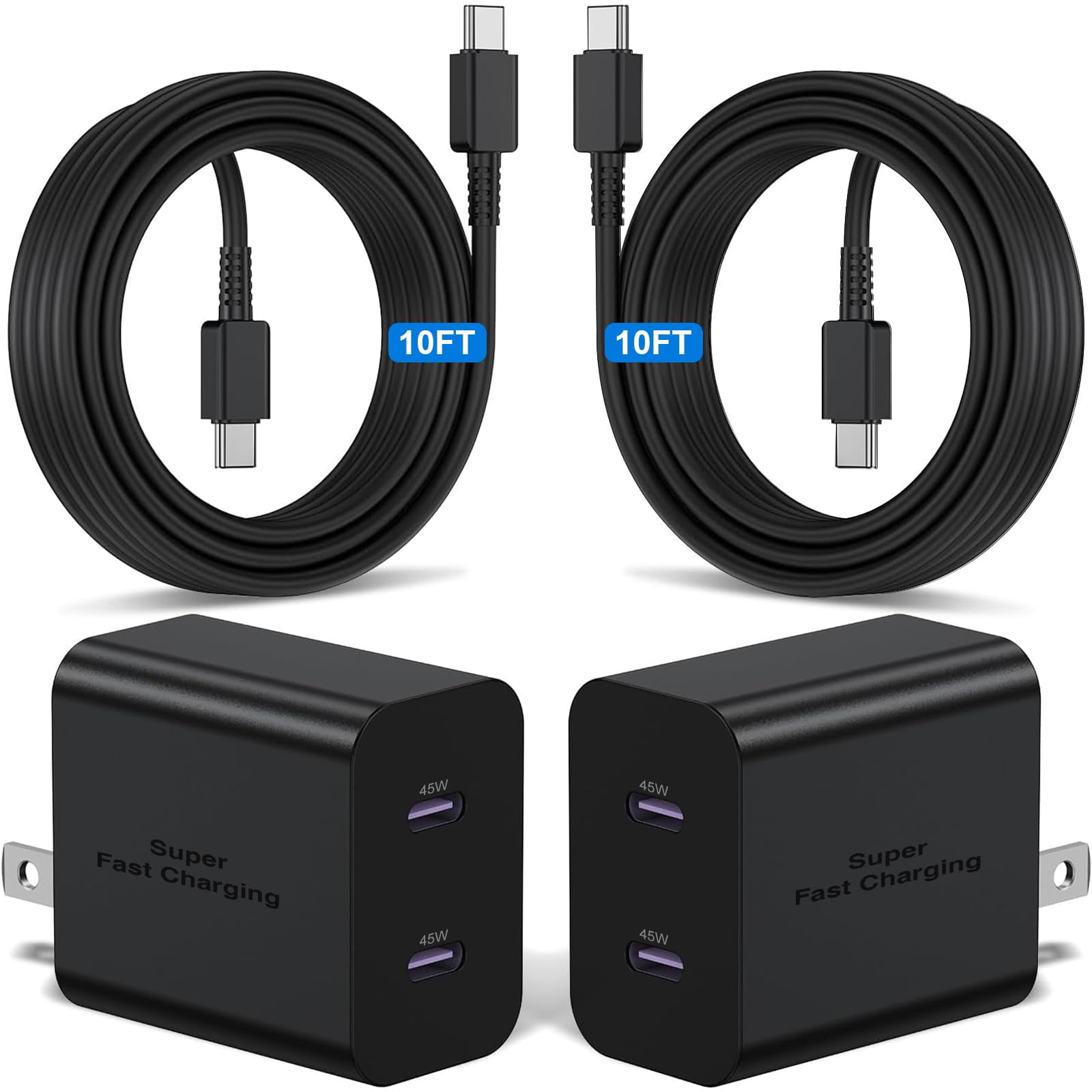 pannbo 45W Dual Port Super Fast Charger Type C 10ft USB C Wall Charging with Long Android Phone Charger Cable Cord 2Pack for Samsung Galaxy S26 Ultra S25 Plus S25 S24 Plus S24 Ultra S23 Ultra S22 Plu