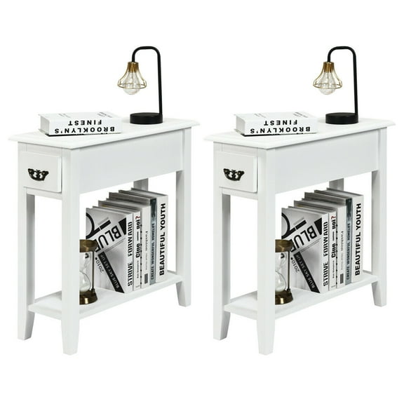 Gymax Set of 2 Nightstand 2 Tier End Bedside Sofa Side Table w/Drawer &Shelf White